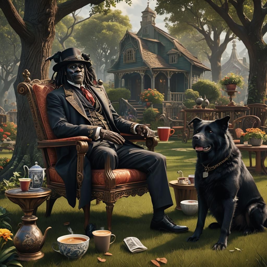 Papa Legba Relaxing with Coffee and Dog