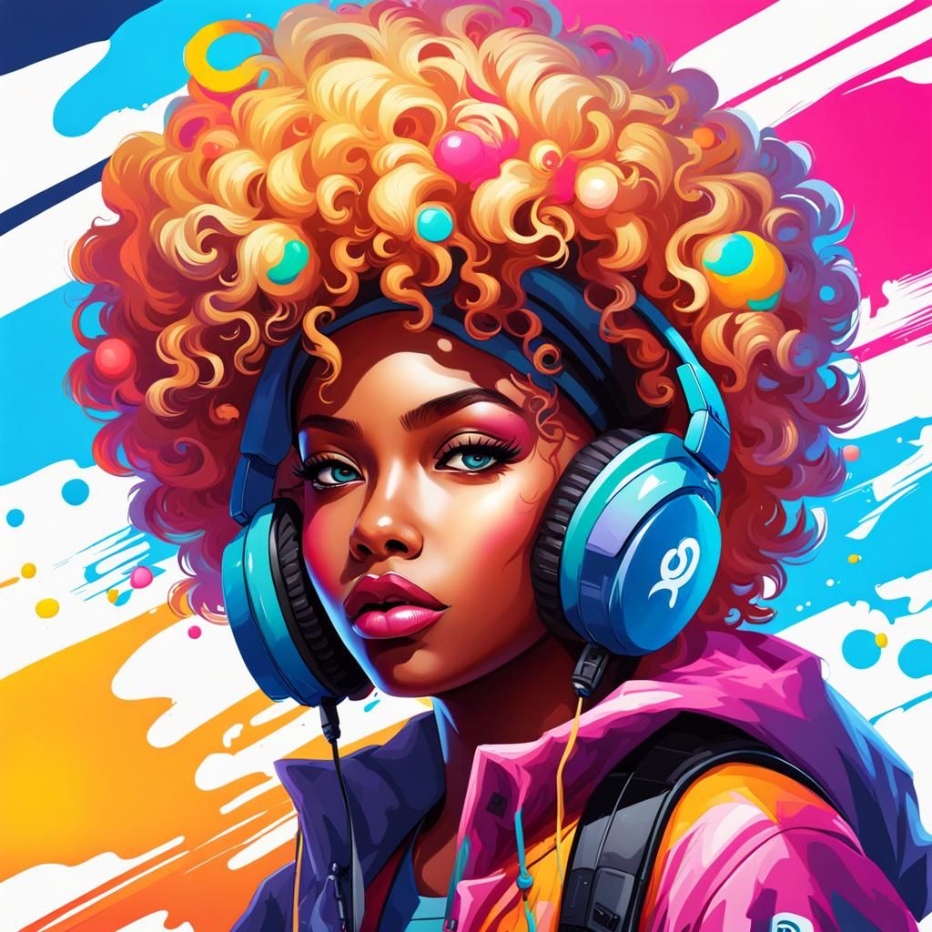 Vibrant Graffiti Art: Gamer Girl with Blonde Afro