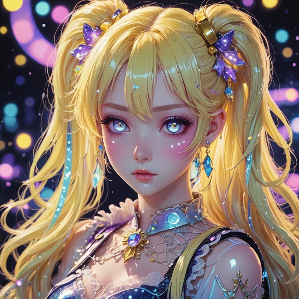 Pastel Anime Girl with Twin Tails in Neon Space