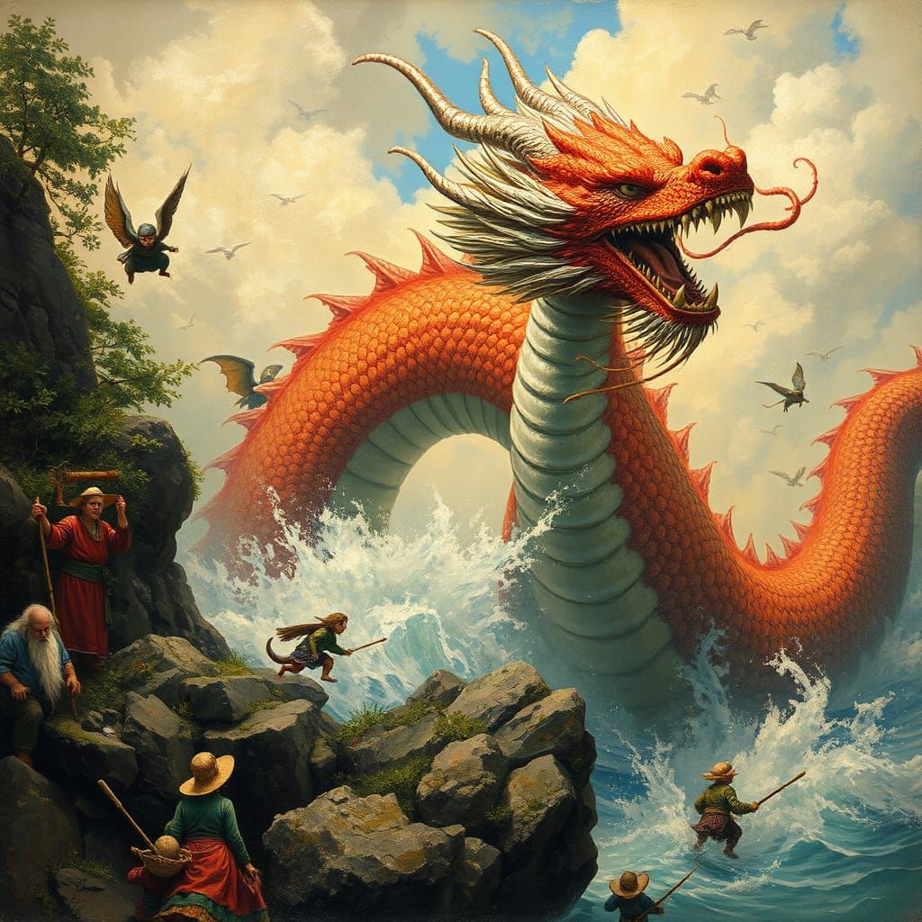 Goblins Chase Dragon: A Classic Oil Painting