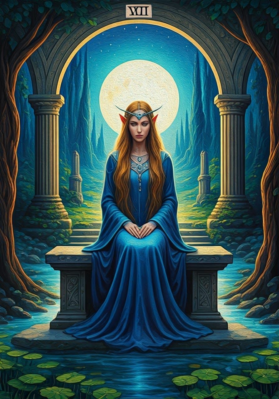 High Priestess Elven Tarot Card in Expressionist Style