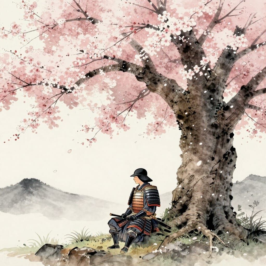 Samurai Meditating Under Cherry Blossoms in Ukiyo-e Style
