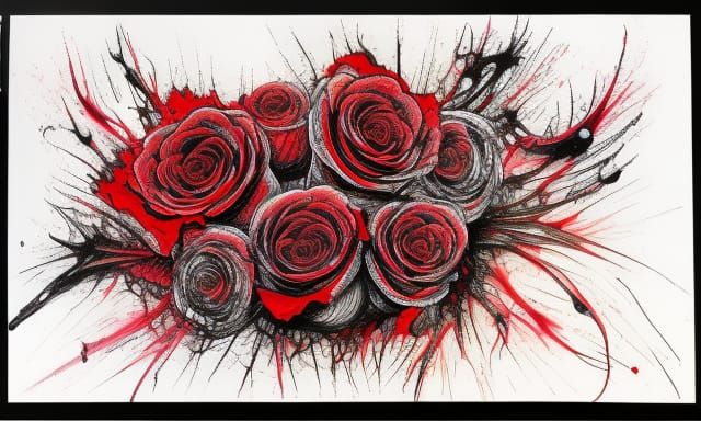 Exploding Red Roses in Ink-Drawn Concept Art