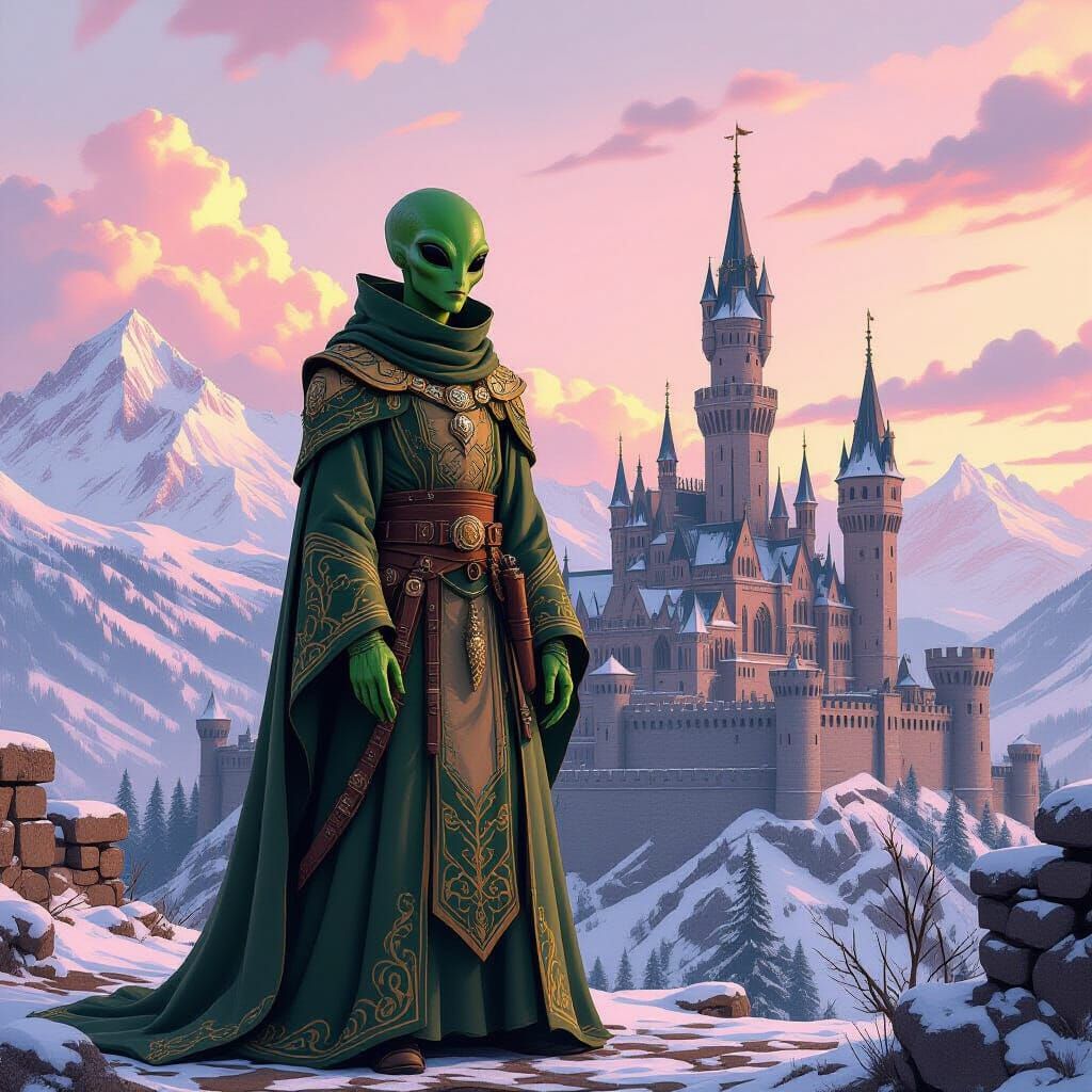 Alien and Castle Landscape in Digital Painting Style