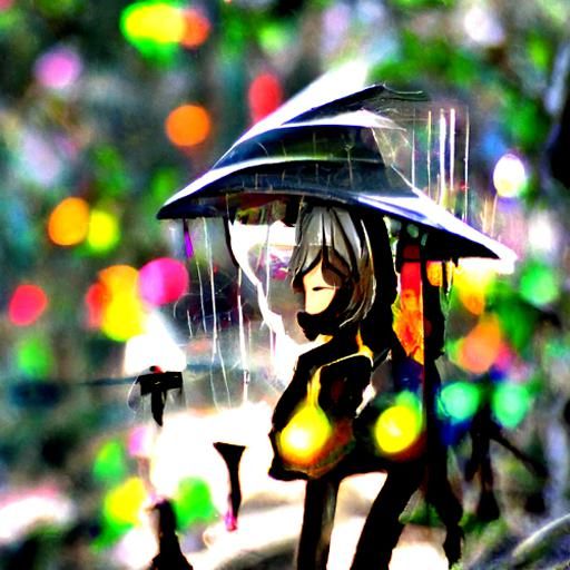 Anime Woman in Rain with Iridescent Impasto