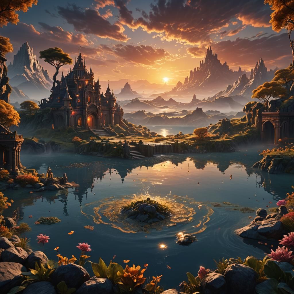Sunset Reflections: Detailed Fantasy Concept Art