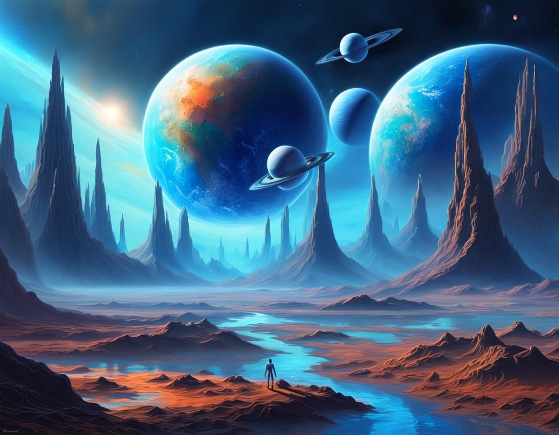 Dreamy Alien Landscape with Planets in Blue