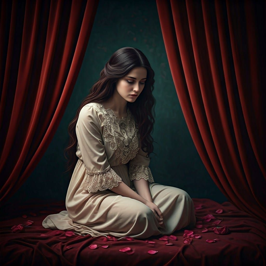 Melancholic Victorian Woman Surrounded by Roses