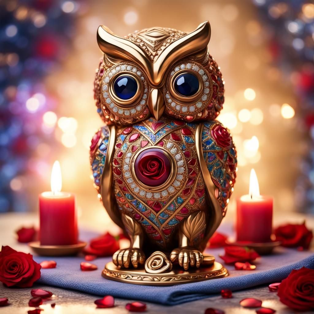 Ornate Ruby and Gold Owl Statue with Jewels