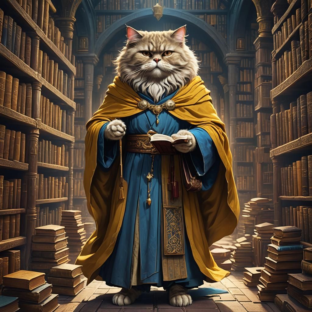 Persian Cat Monk Wizard in Mystical Library