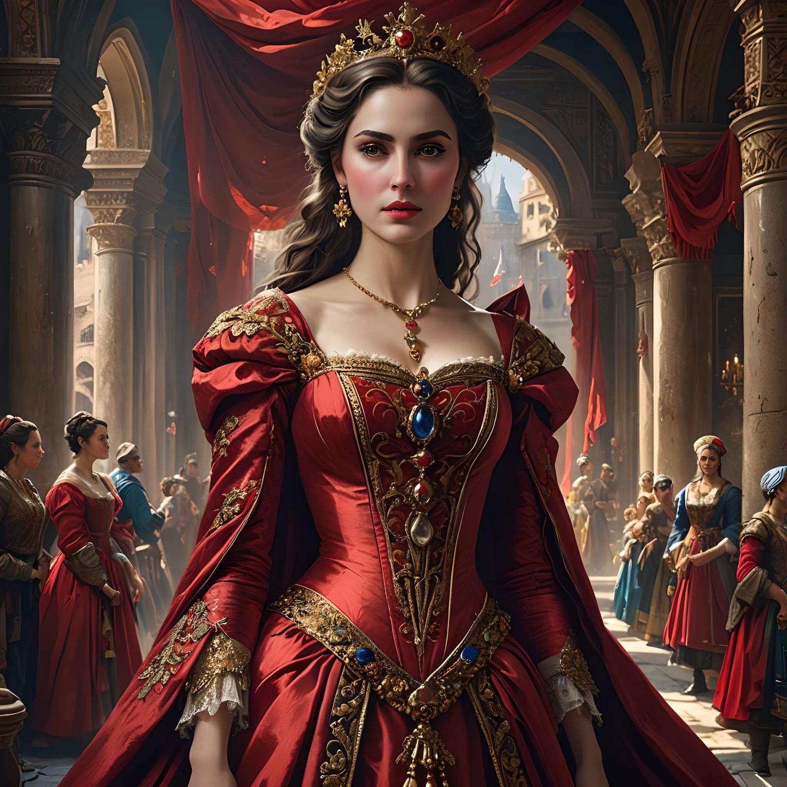 Royal Woman in Red Gown: A Detailed Matte Painting