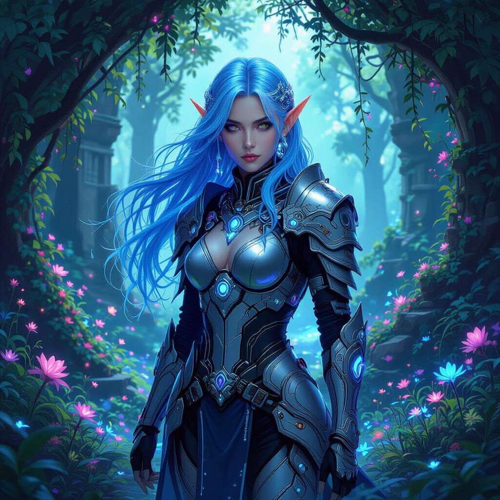 Cyberpunk Elf in Bioluminescent Forest, Fantasy Art