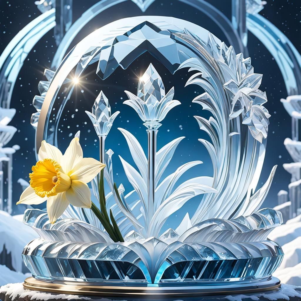 Elegant Ice Daffodil Sculpture Reflecting Moonlight