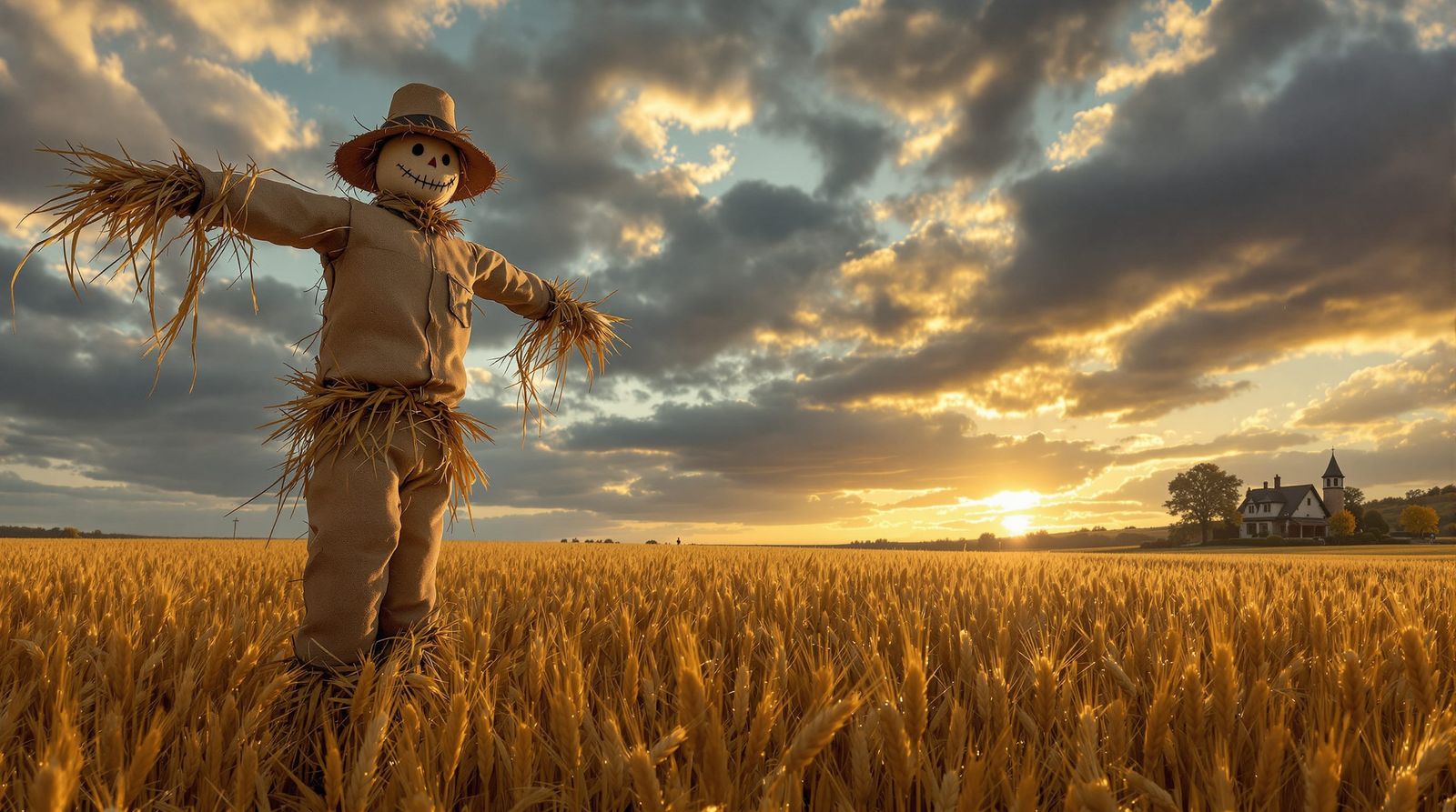 Lone Scarecrow in Golden Wheat Field Under Autumn Sky