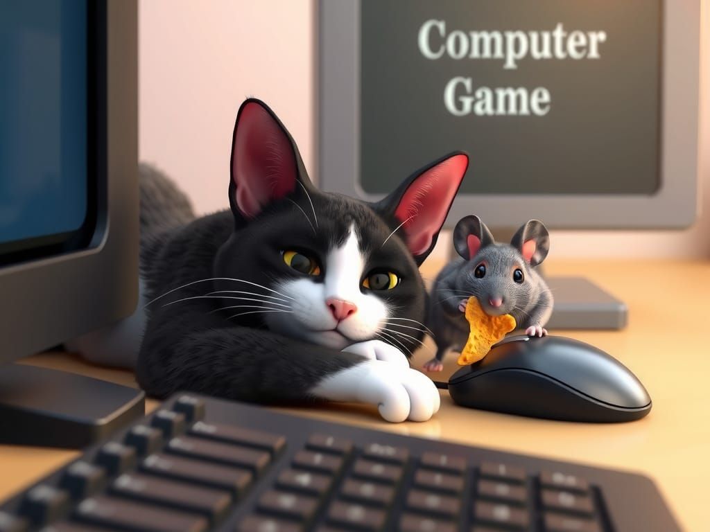 CGI Feline Friends in a Cyberpunk Desktop Scene