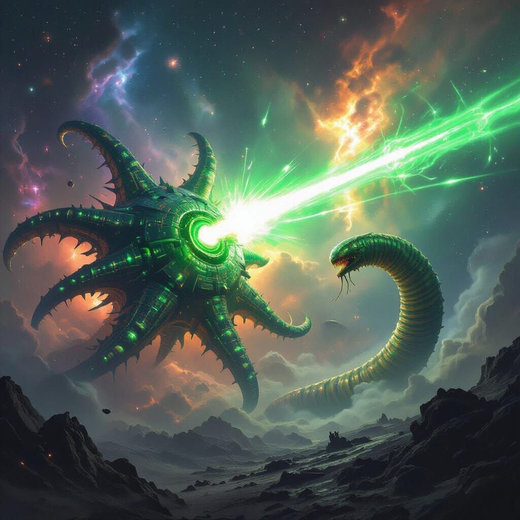 Alien Kaiju Battle: Starfish vs. Worm in Space