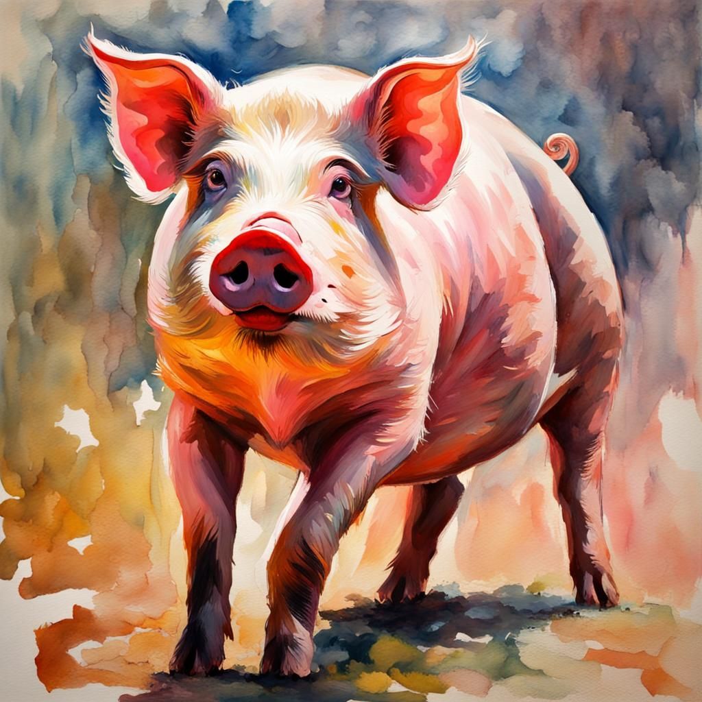 Pig in Gouache Watercolor Impressionist Style