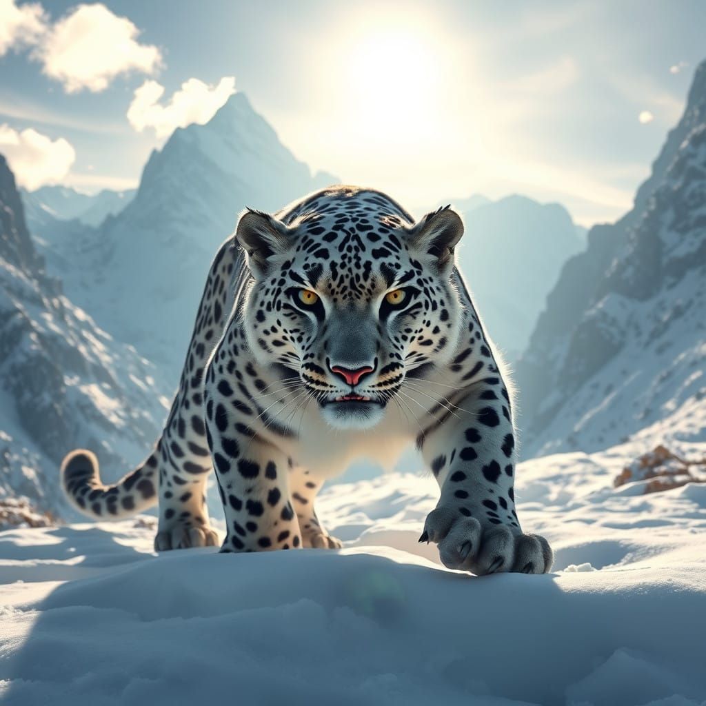 Majestic Snow Leopard Prowls Snowy Mountainscape