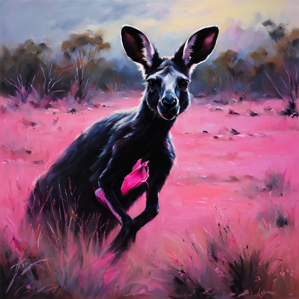 Black Kangaroo Jumps Through Pink Outback