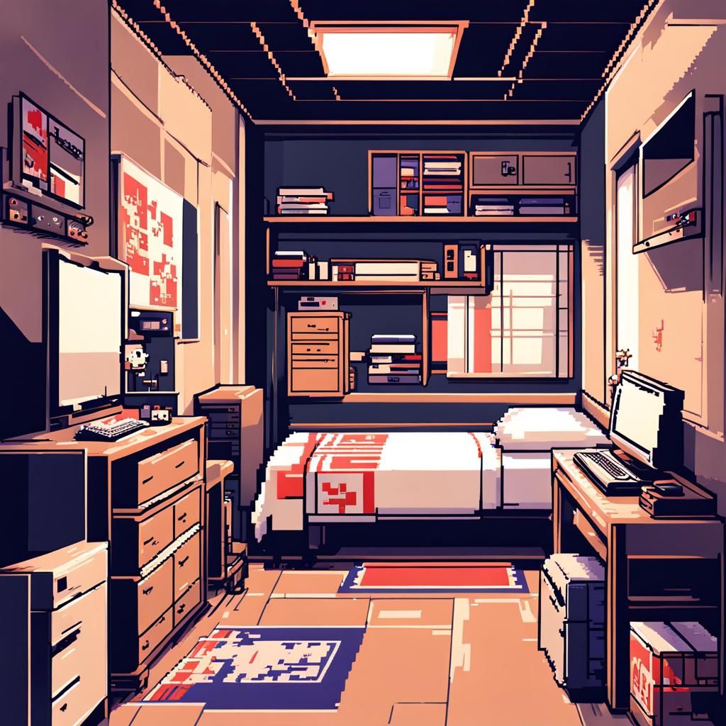 Retro 8-Bit Pixel Art Bedroom with Japanese Manga Vibe