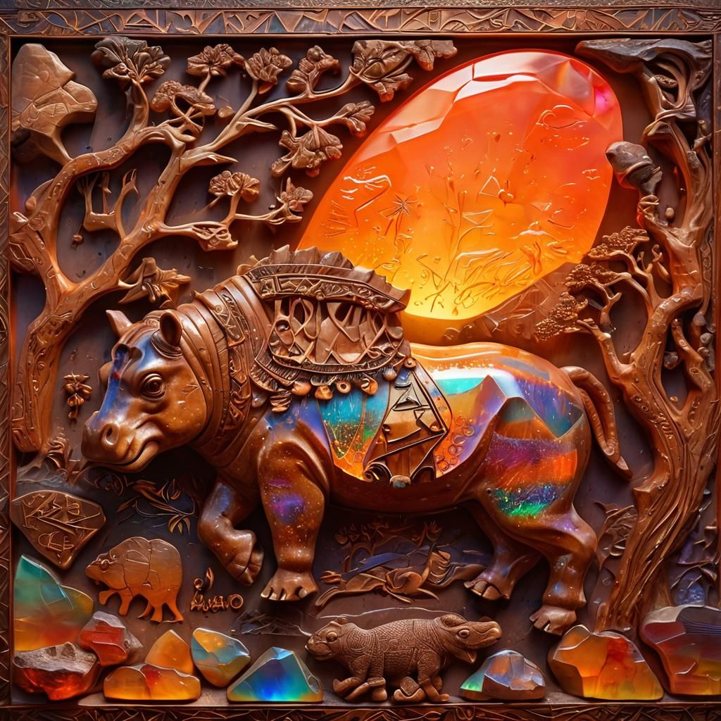 Prismatic Fire Opal Sculpture of Ancient Hunting Scene