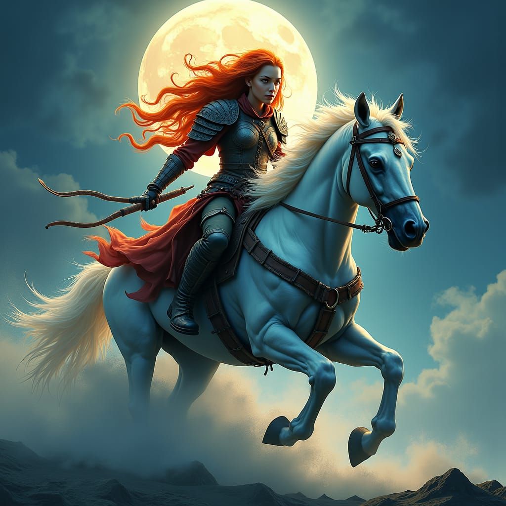 Warrior Girl on Moonhorse in Dark Surreal Style