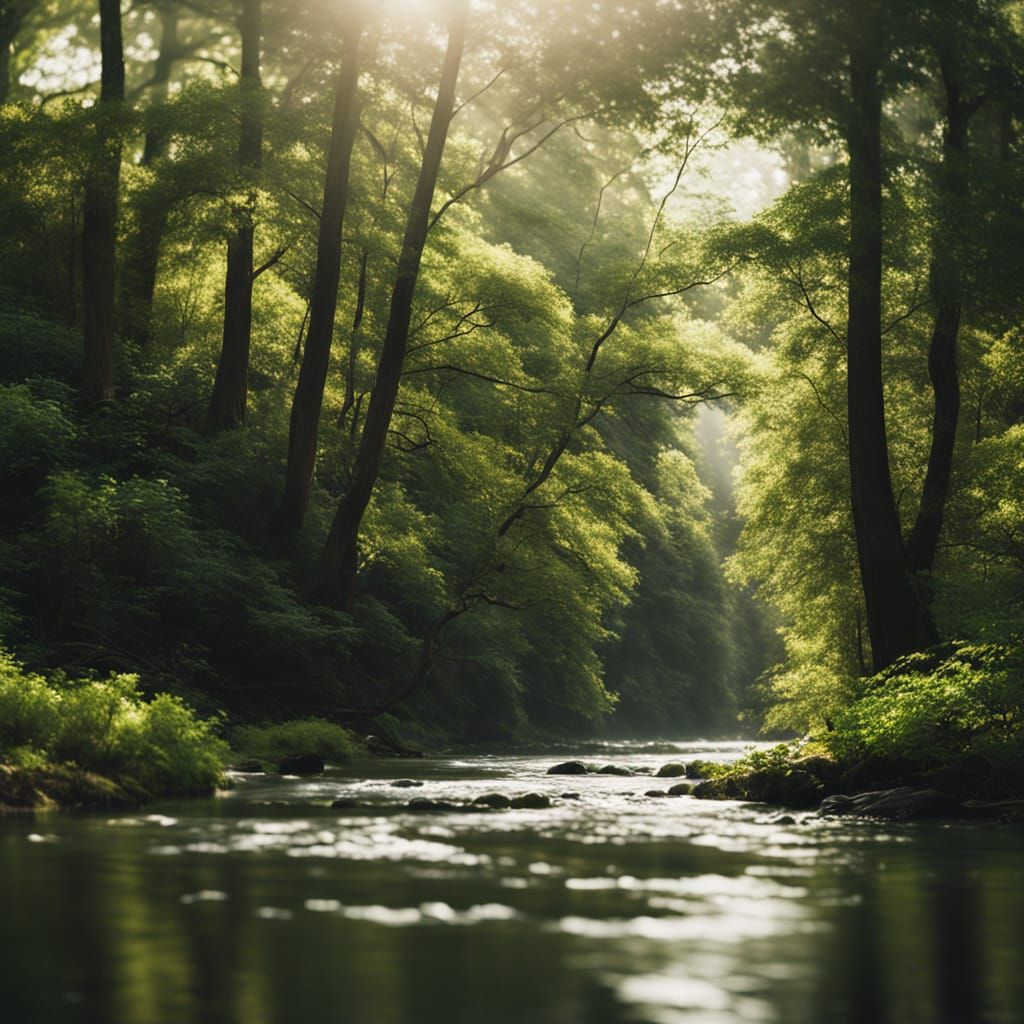 Cinematic River Flowing Through Lush Forest