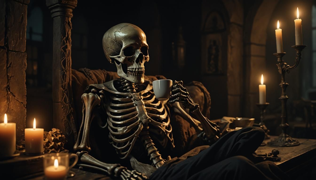 Undead Skeleton Enjoys Coffee in Sarcophagus
