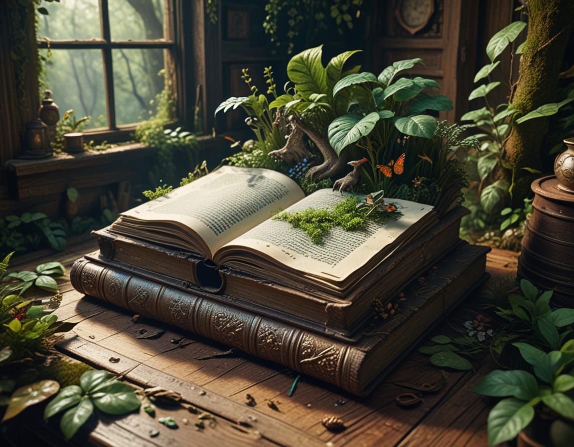 Lush Forest Emerging from Antique Book