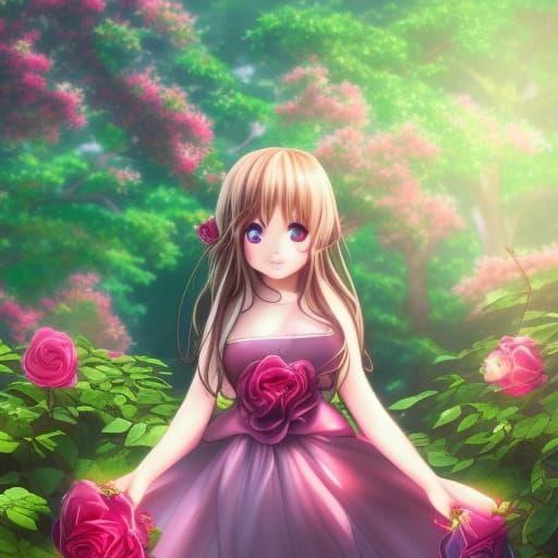 Smiling Girl in Magical Rose Garden, Anime Style