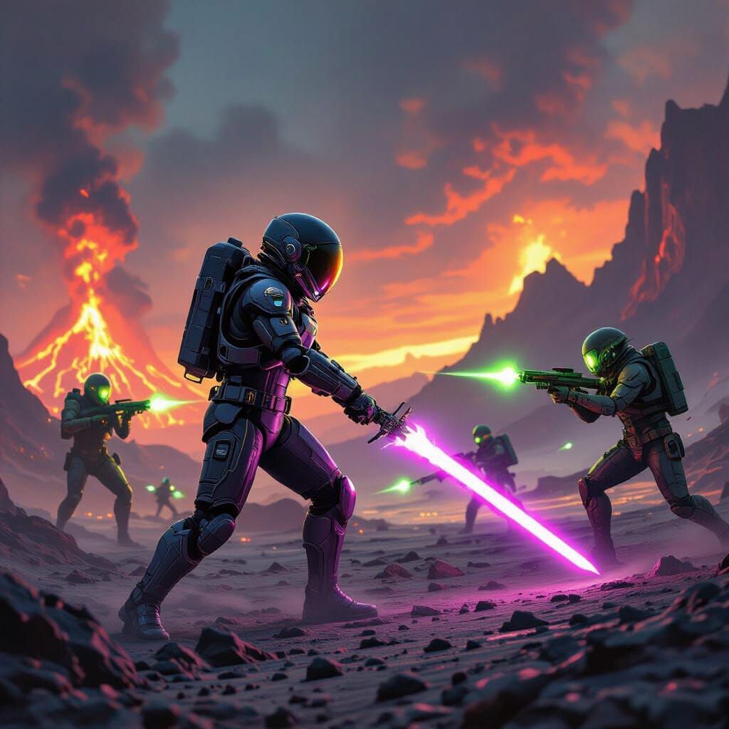 Astronaut Battles Aliens with Purple Sword