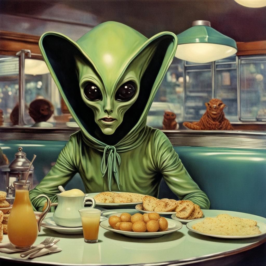 Sinister Hooded Alien in 1970s Diner