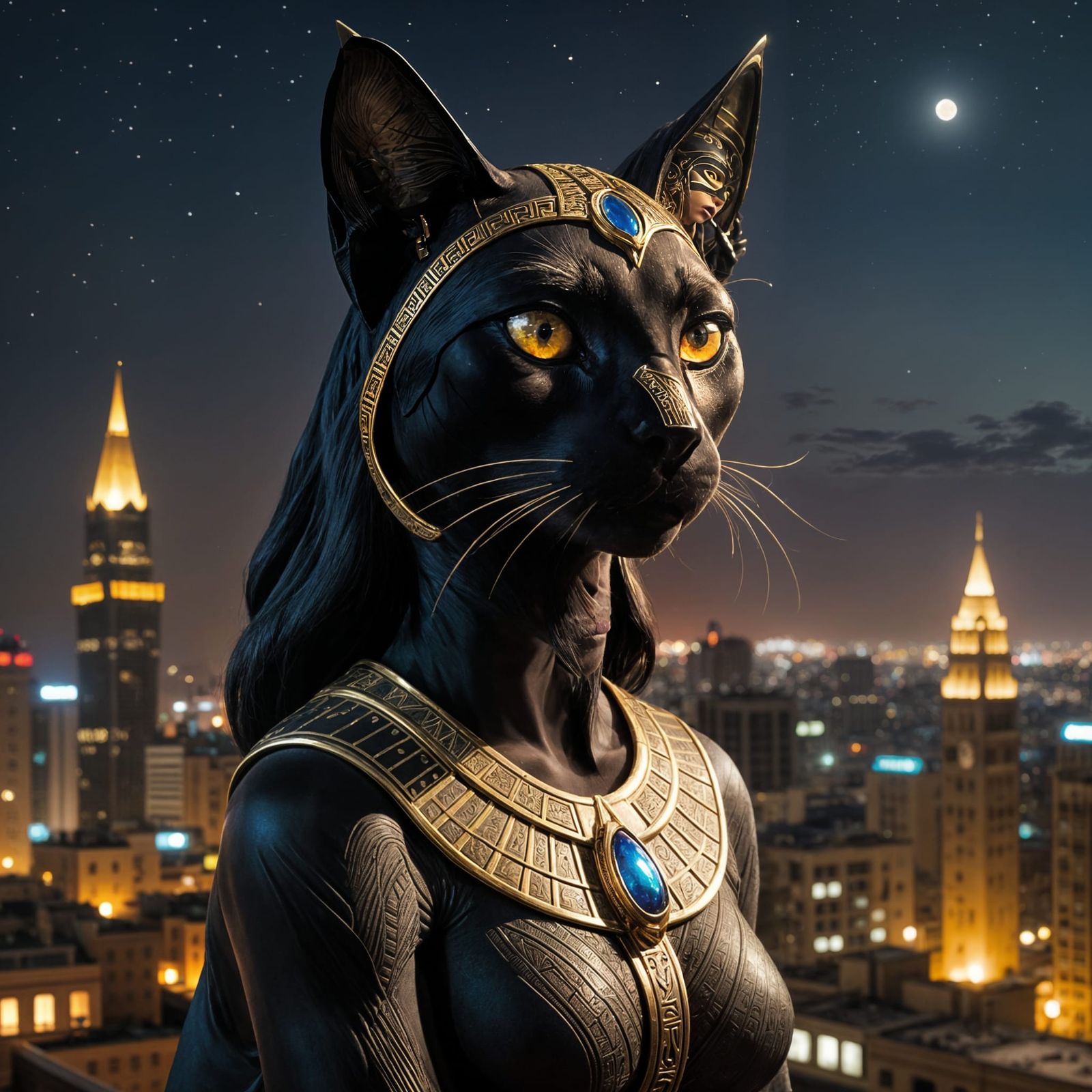 Egyptian Cat Goddess Bastet in Modern Metropolis
