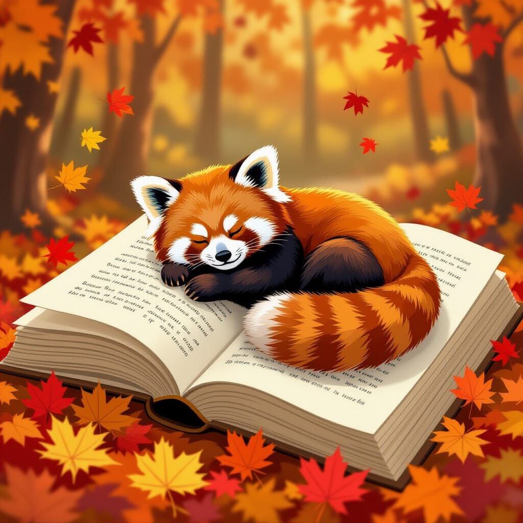 Cozy Autumn Red Panda Sleeps on Book of Drawings