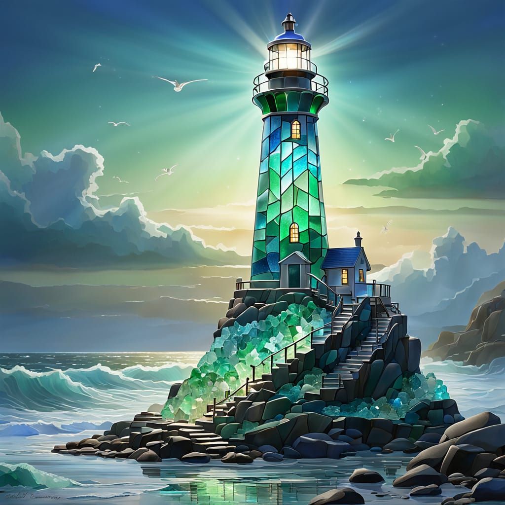 Sea Glass Lighthouse Sculpture on Rocky Shore