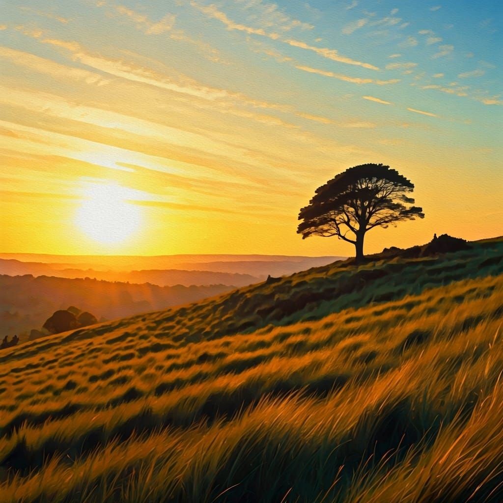 Sunset Landscape with Solitary Tree in Watercolor Style