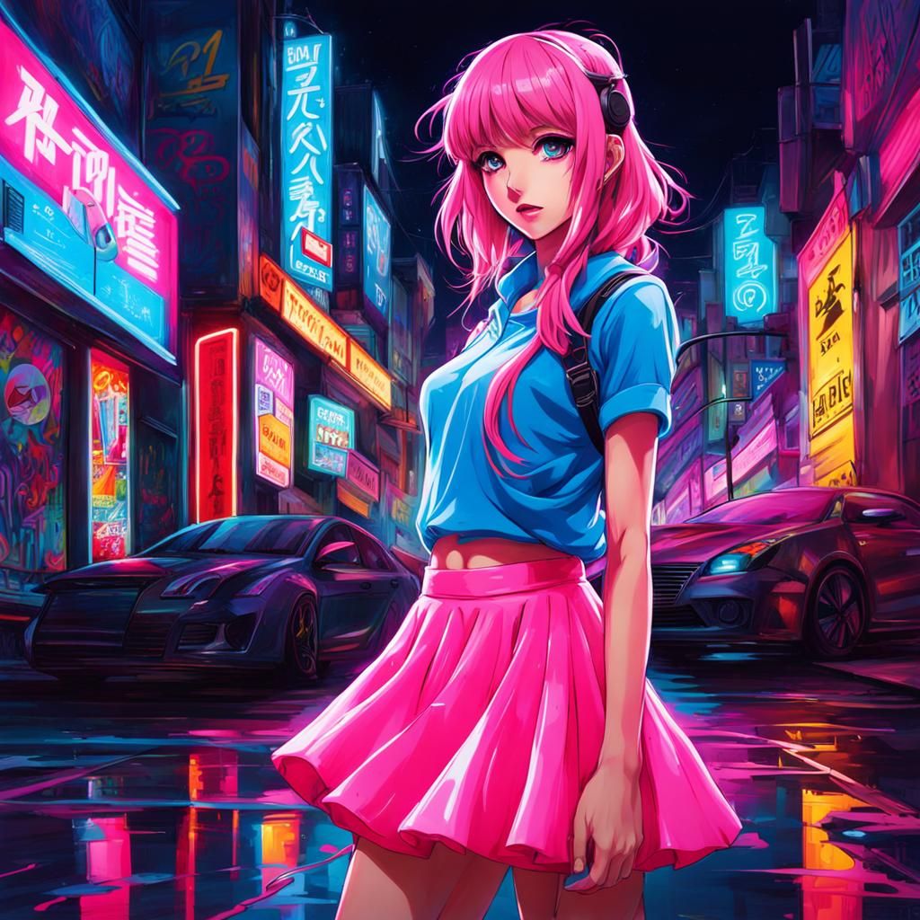 Anime Girl in Neon Graffiti Art Style