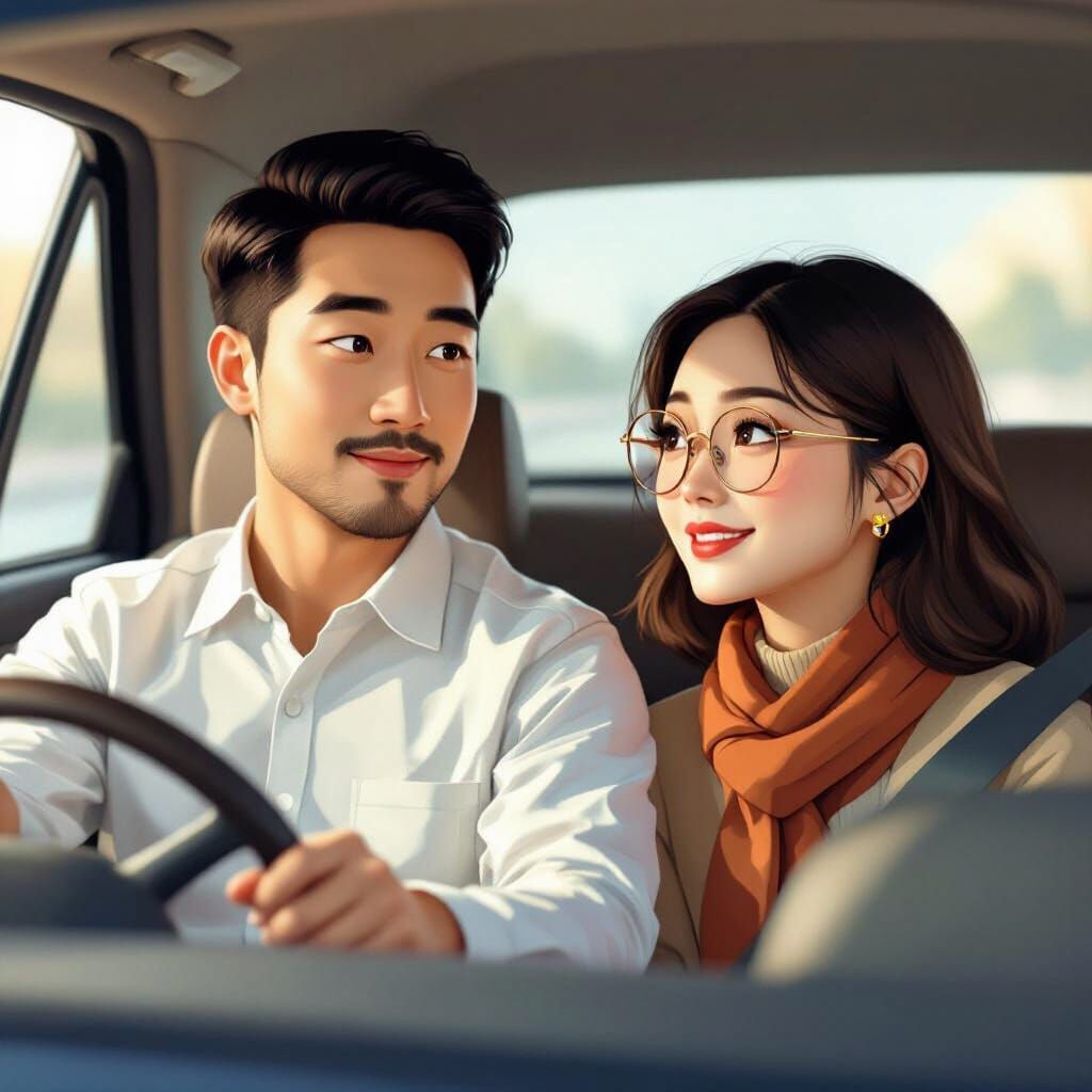 Romantic Car Ride in Realistic Painting Style