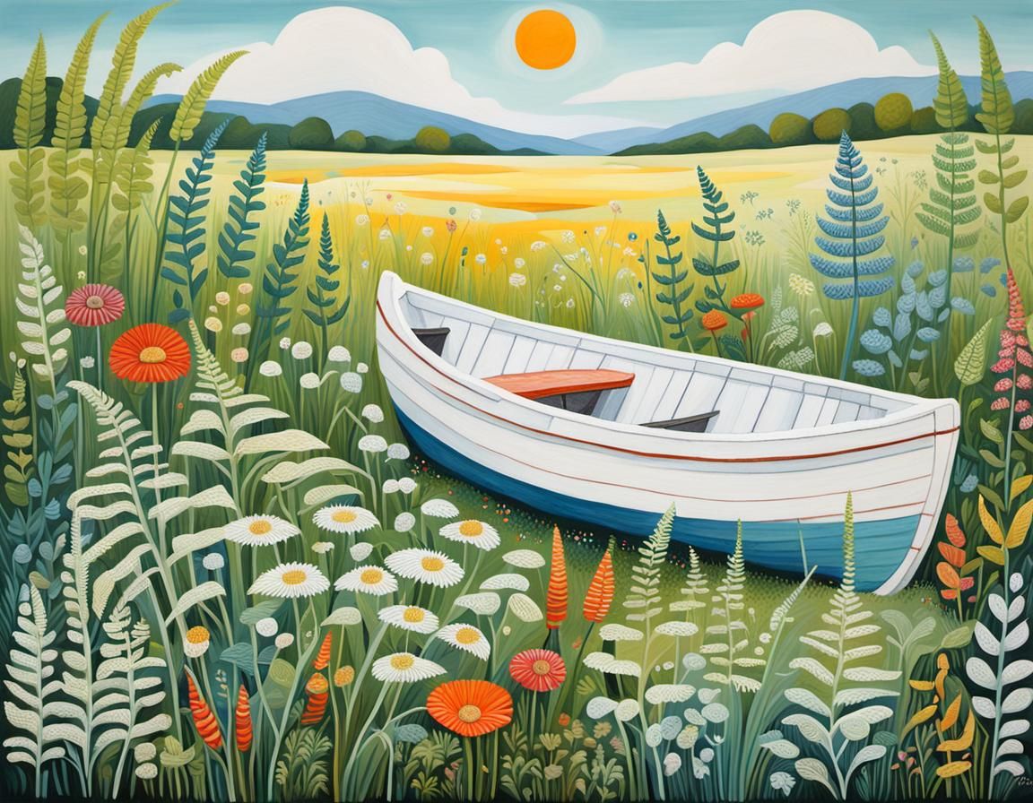 Naive Contemporary Art: Dinghy in Grassy Field