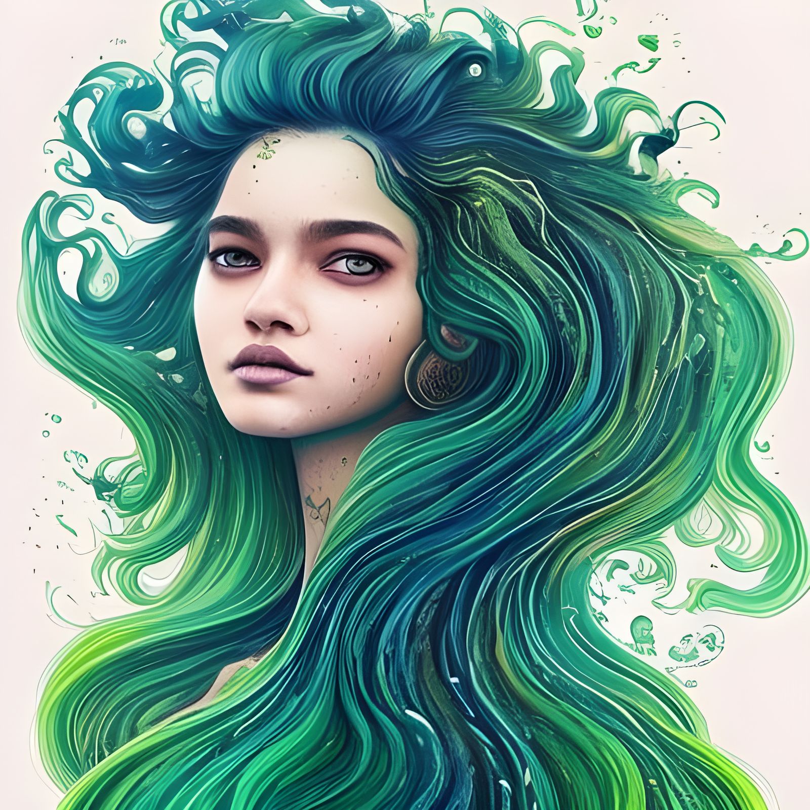 Green-Haired Dravidian Girl: Digital Gouache Painting