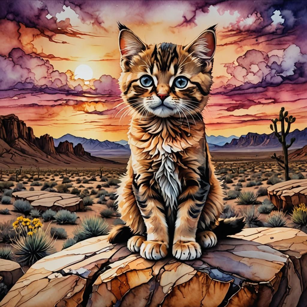 Grumpy Kitten at Sunset: Alcohol Ink Drawing