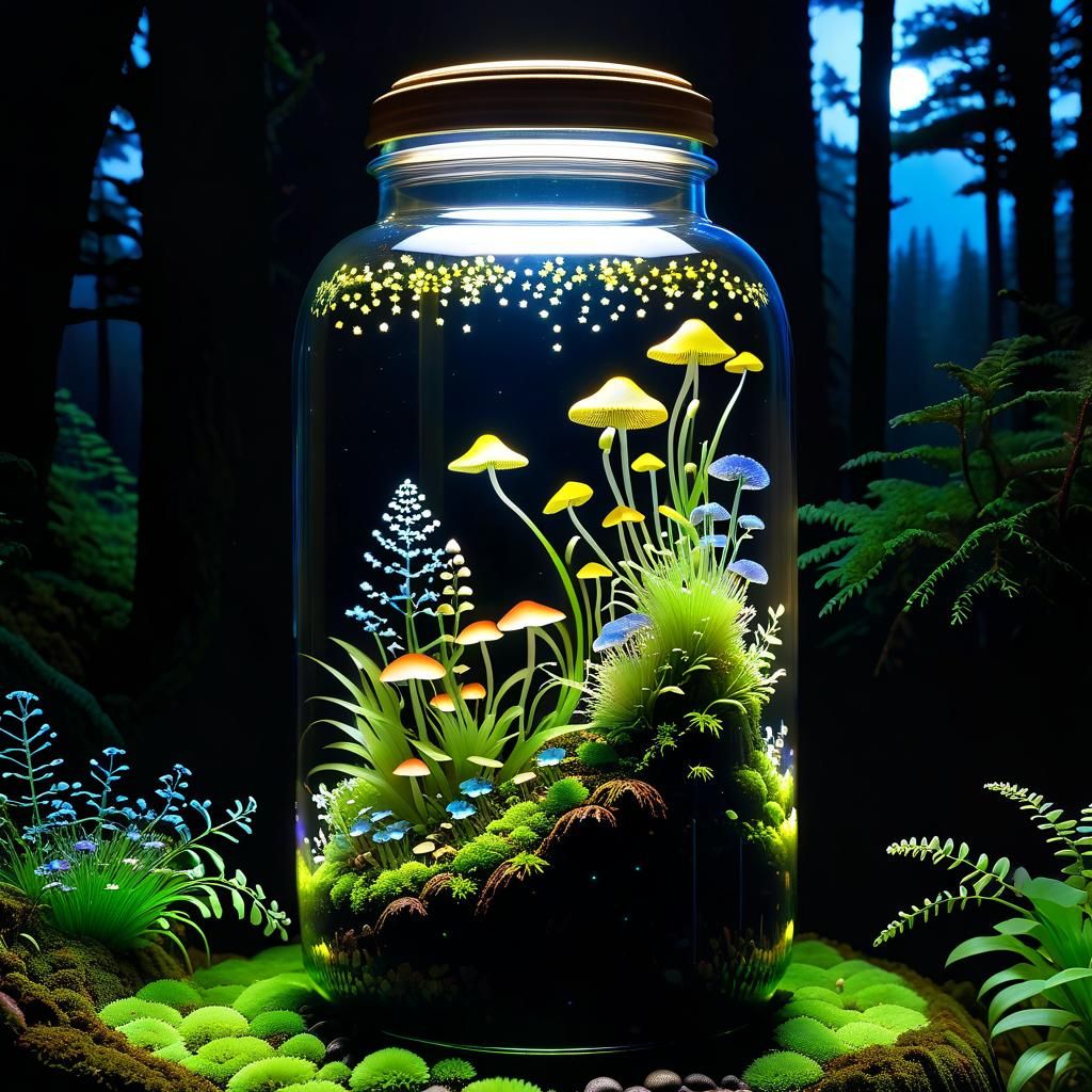 Bioluminescent Garden in a Jar at Night