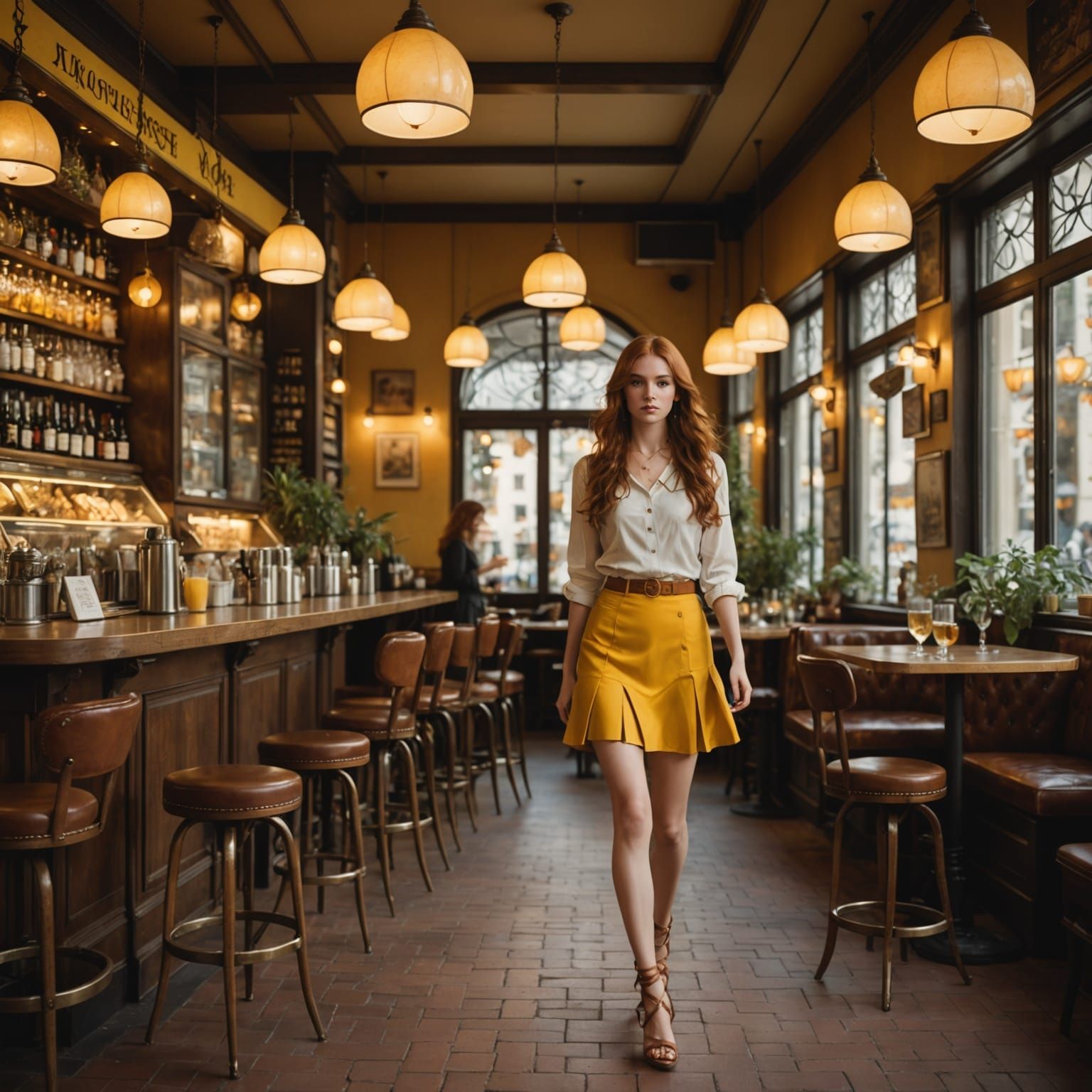 Woman in Yellow Skirt at Cafe in Soft Lamp Light