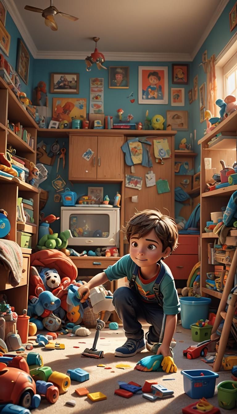 Hyperrealistic Boy Cleaning Room Concept Art