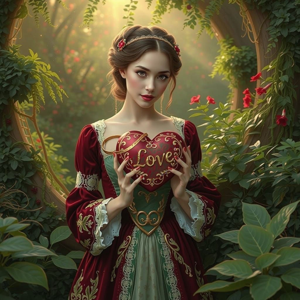 Hyperrealistic Garden Scene with Heart and Golden Letters