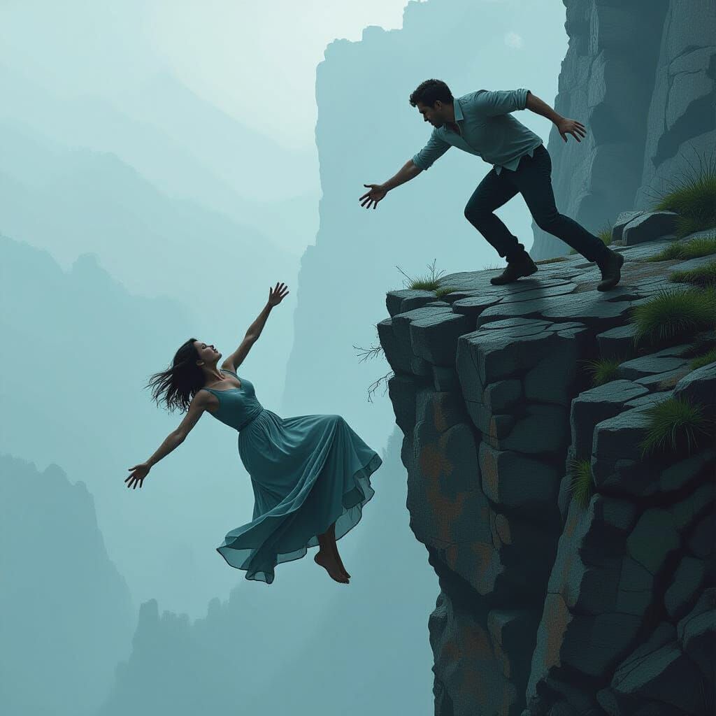 Woman Falling Off Cliff, Desperate Hand Reaching
