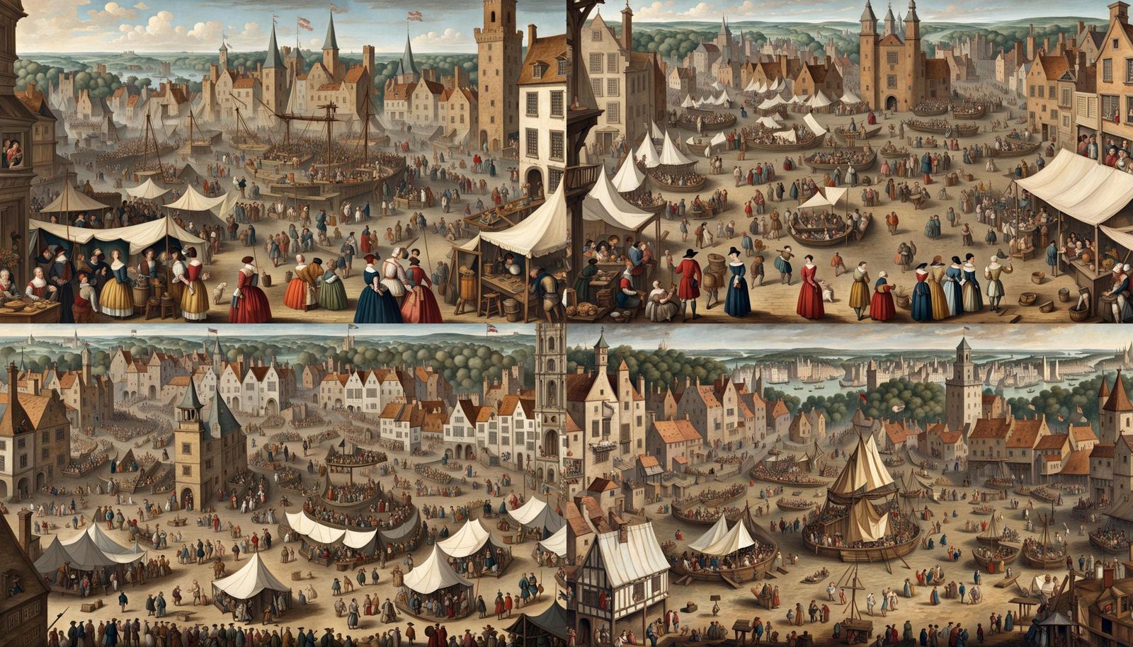 A 1600s fair, eye level, looking up at all the people, and a...