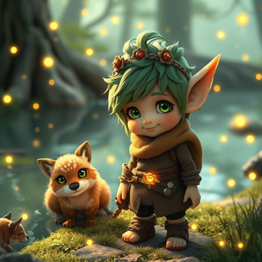 Playful Forest Troll with Lynx Cub: 3D Anime Art