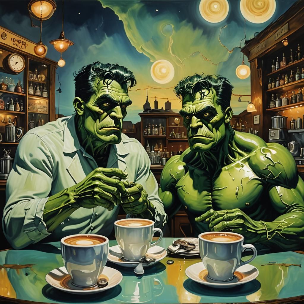 Frankenstein and Hulk at Coffee Bar, Surreal Oil Painting