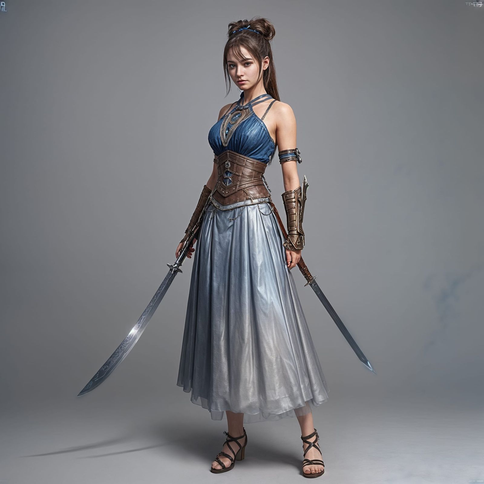 Futuristic Swordswoman in Silver Blue Chiffon Skirt
